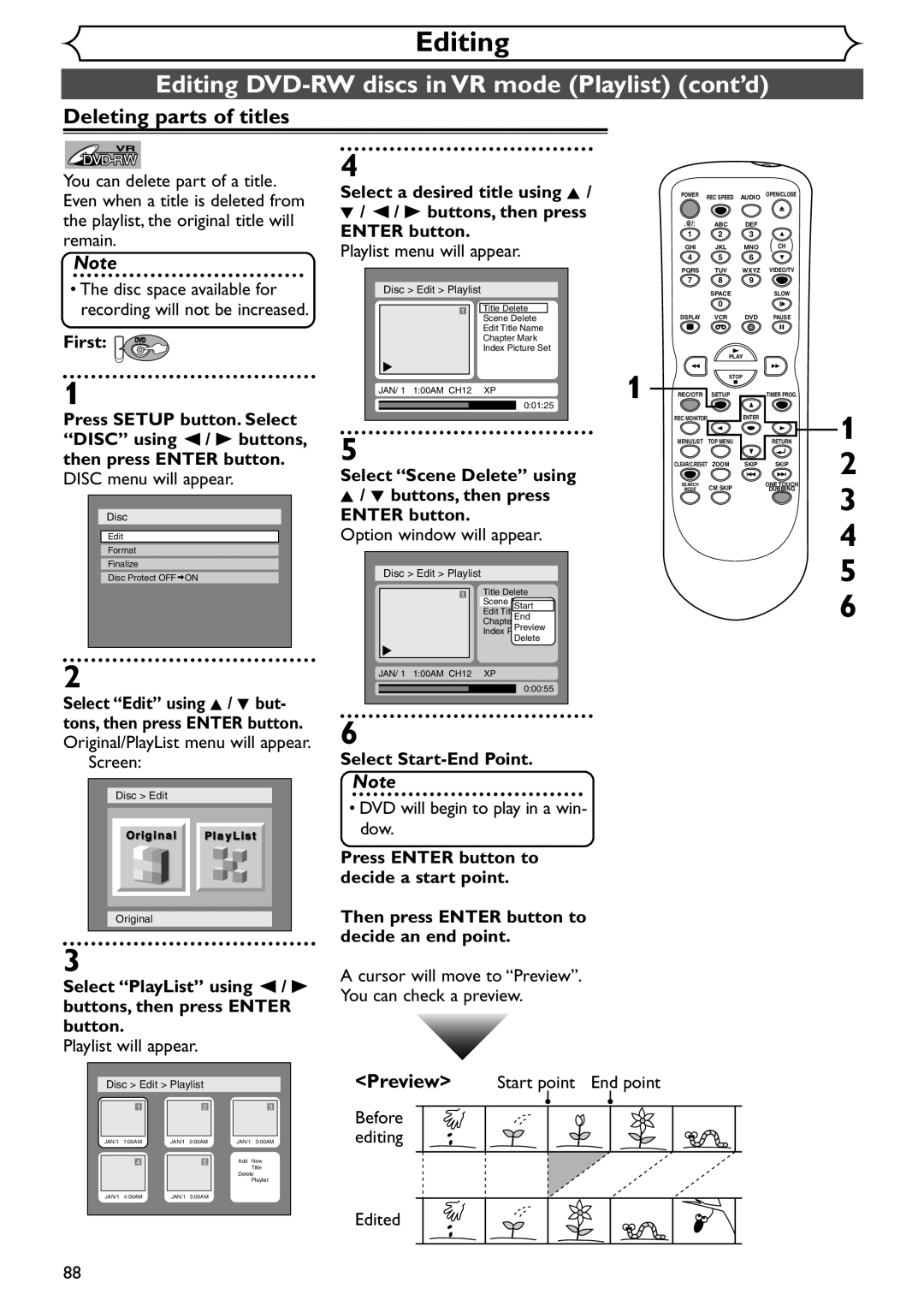 Sylvania SRDV495 owner manual Editing DVD-RW discs in VR mode Playlist cont’d, Enter button Option window will appear 