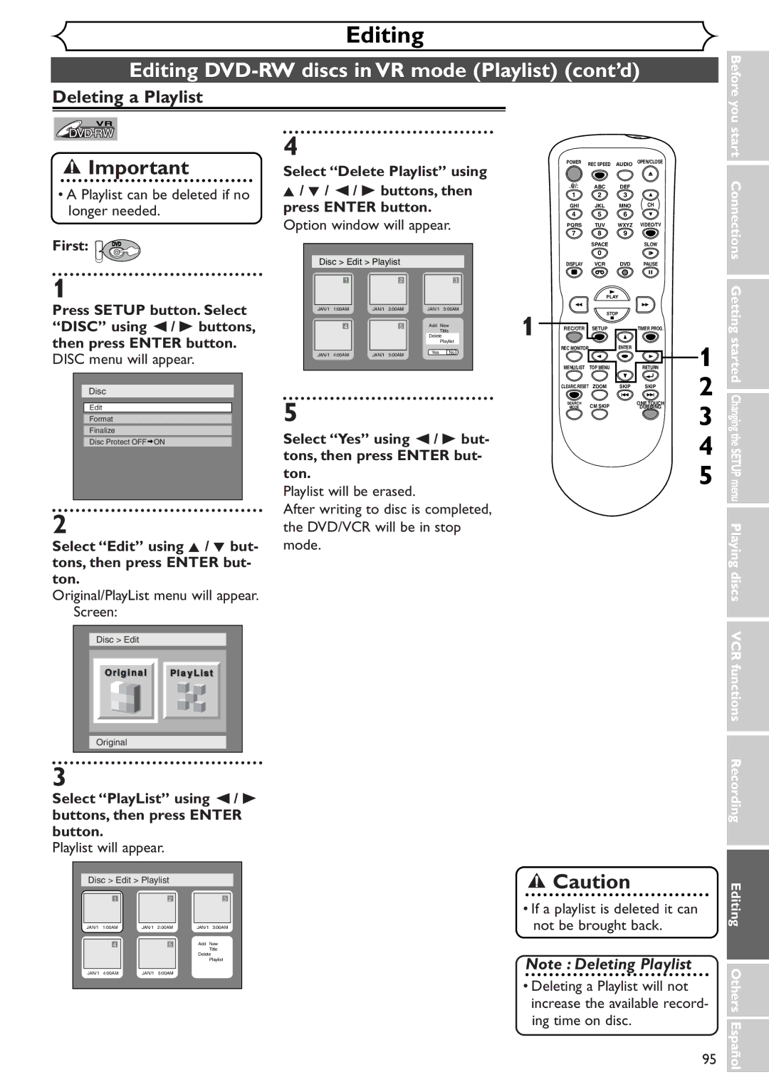 Sylvania SRDV495 owner manual Deleting a Playlist, Editing, Select Delete Playlist using, Playlist will be erased 