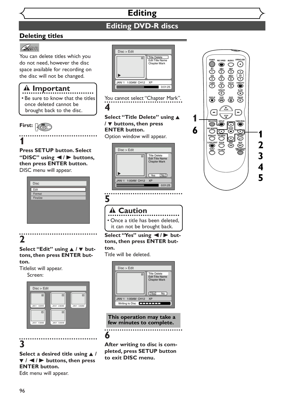 Sylvania SRDV495 owner manual Editing DVD-R discs, You cannot select Chapter Mark 