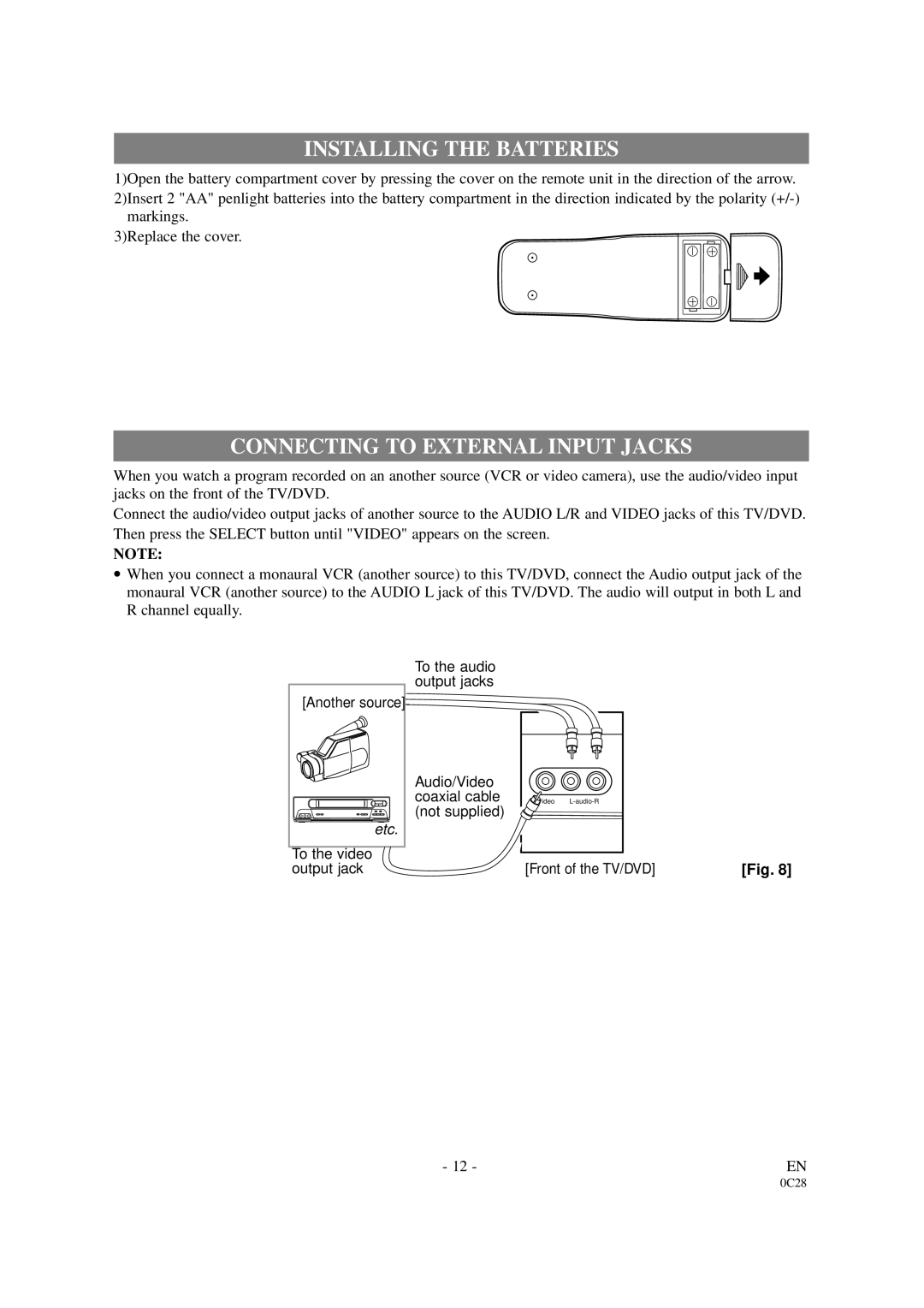 Sylvania SRDVC2019 owner manual Installing the Batteries, Connecting to External Input Jacks 