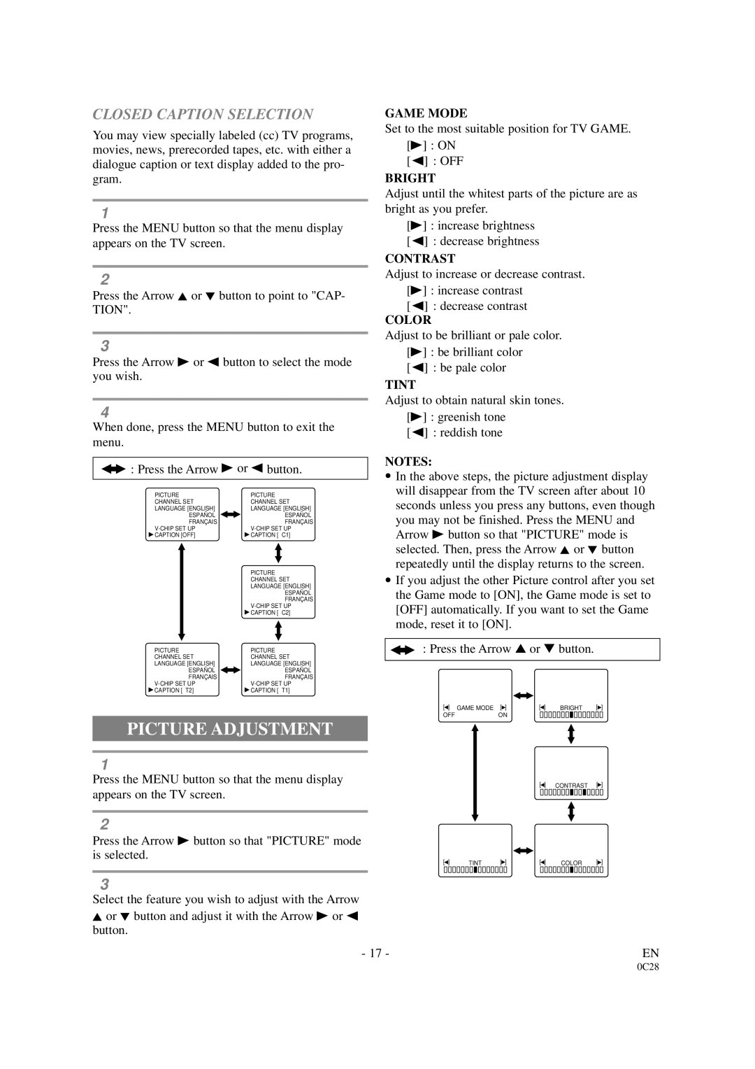 Sylvania SRDVC2019 owner manual Picture Adjustment, Closed Caption Selection 