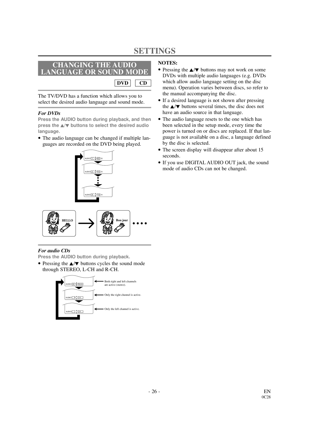 Sylvania SRDVC2019 owner manual Settings, Changing the Audio Language or Sound Mode 