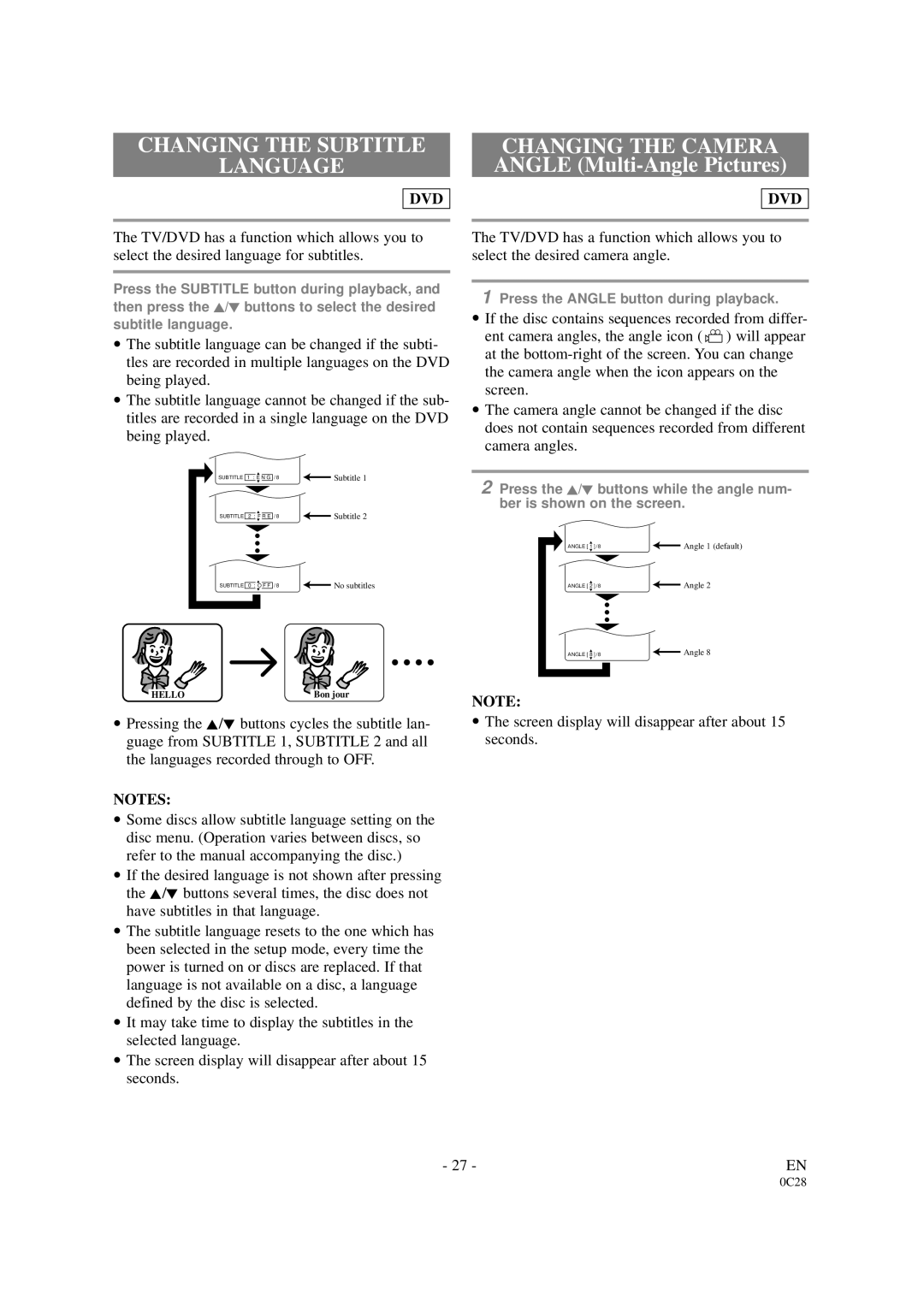 Sylvania SRDVC2019 owner manual Changing the Subtitle Language, Changing the Camera Angle Multi-Angle Pictures 