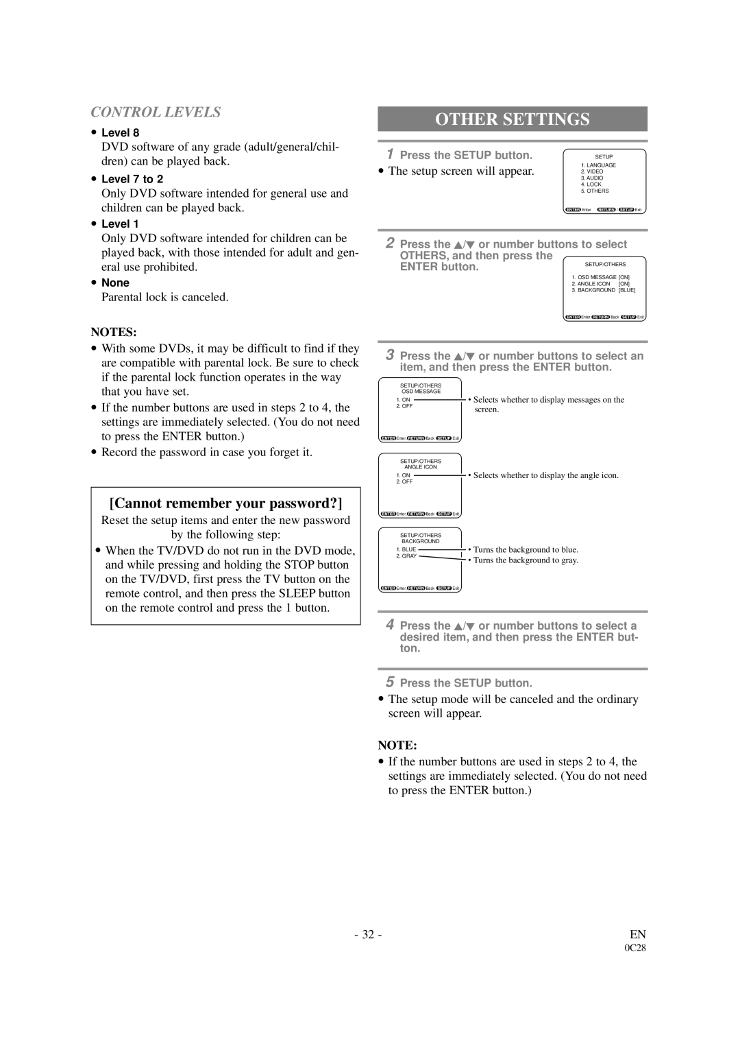 Sylvania SRDVC2019 owner manual Other Settings, Control Levels 