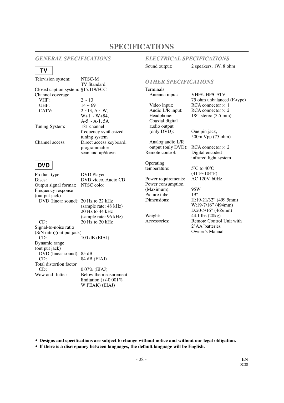 Sylvania SRDVC2019 owner manual General Specifications, Electrical Specifications, Other Specifications 