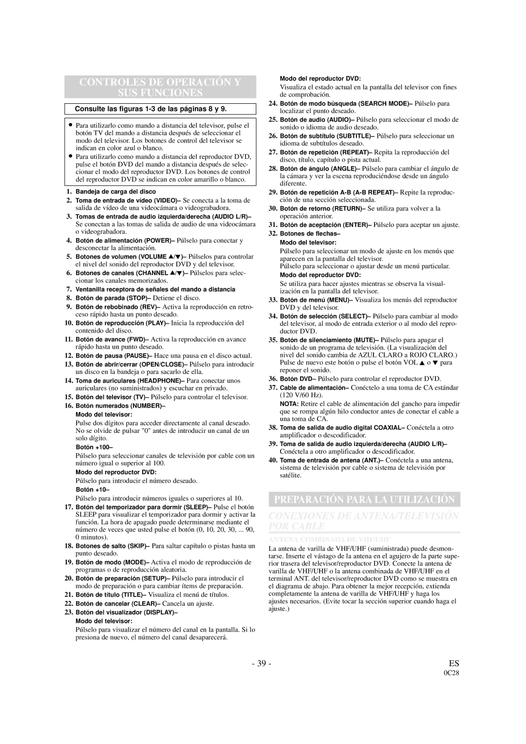 Sylvania SRDVC2019 owner manual Controles DE Operación Y SUS Funciones 