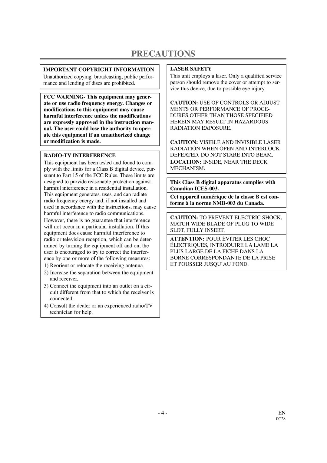 Sylvania SRDVC2019 owner manual Precautions, Important Copyright Information, RADIO-TV Interference, Laser Safety 