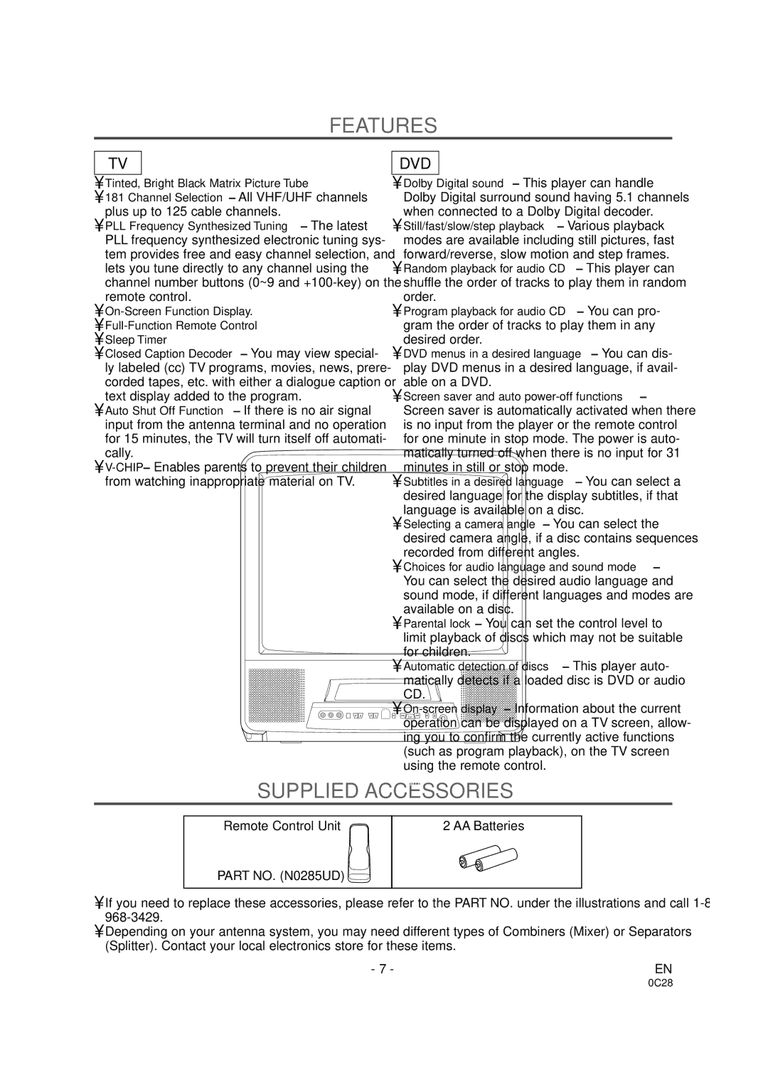 Sylvania SRDVC2019 owner manual Features, Supplied Accessories 