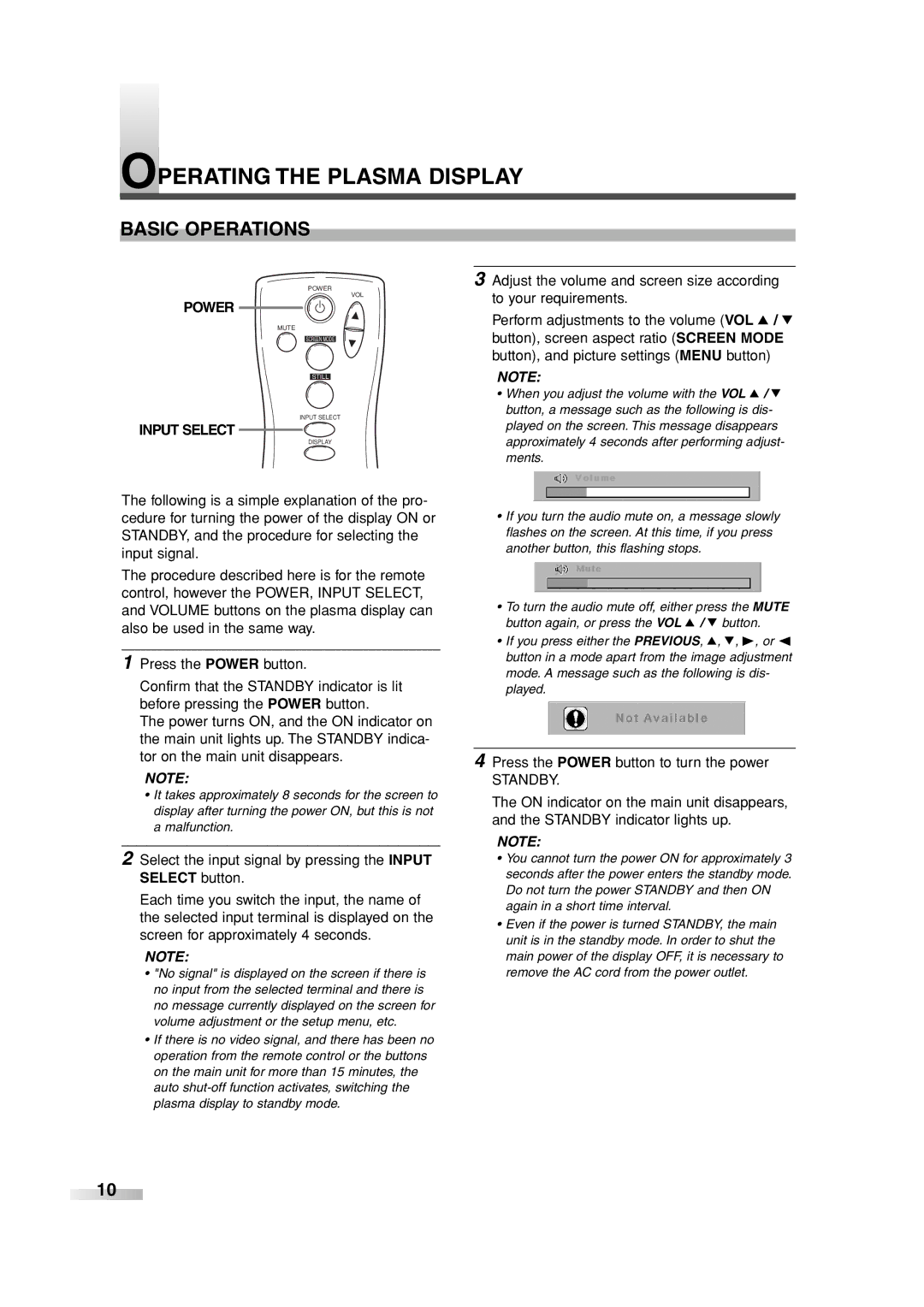 Sylvania SRPD442 owner manual Operating the Plasma Display, Basic Operations, Power, Input Select 