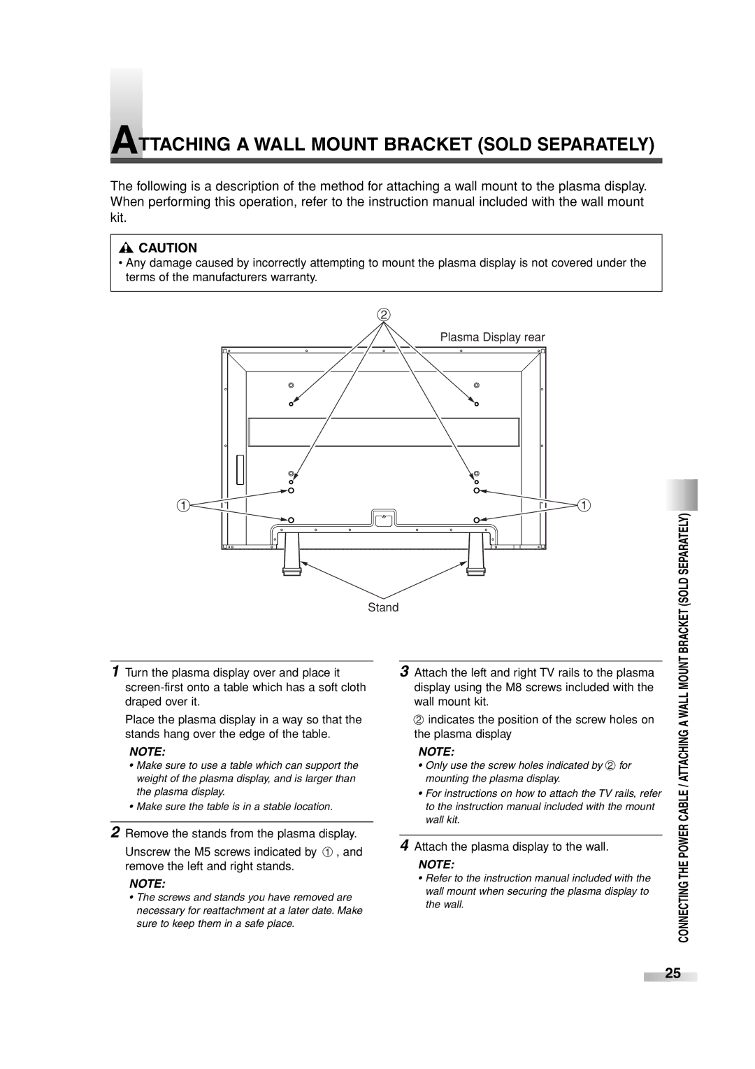 Sylvania SRPD442 owner manual Attaching a Wall Mount Bracket Sold Separately, Attach the plasma display to the wall 