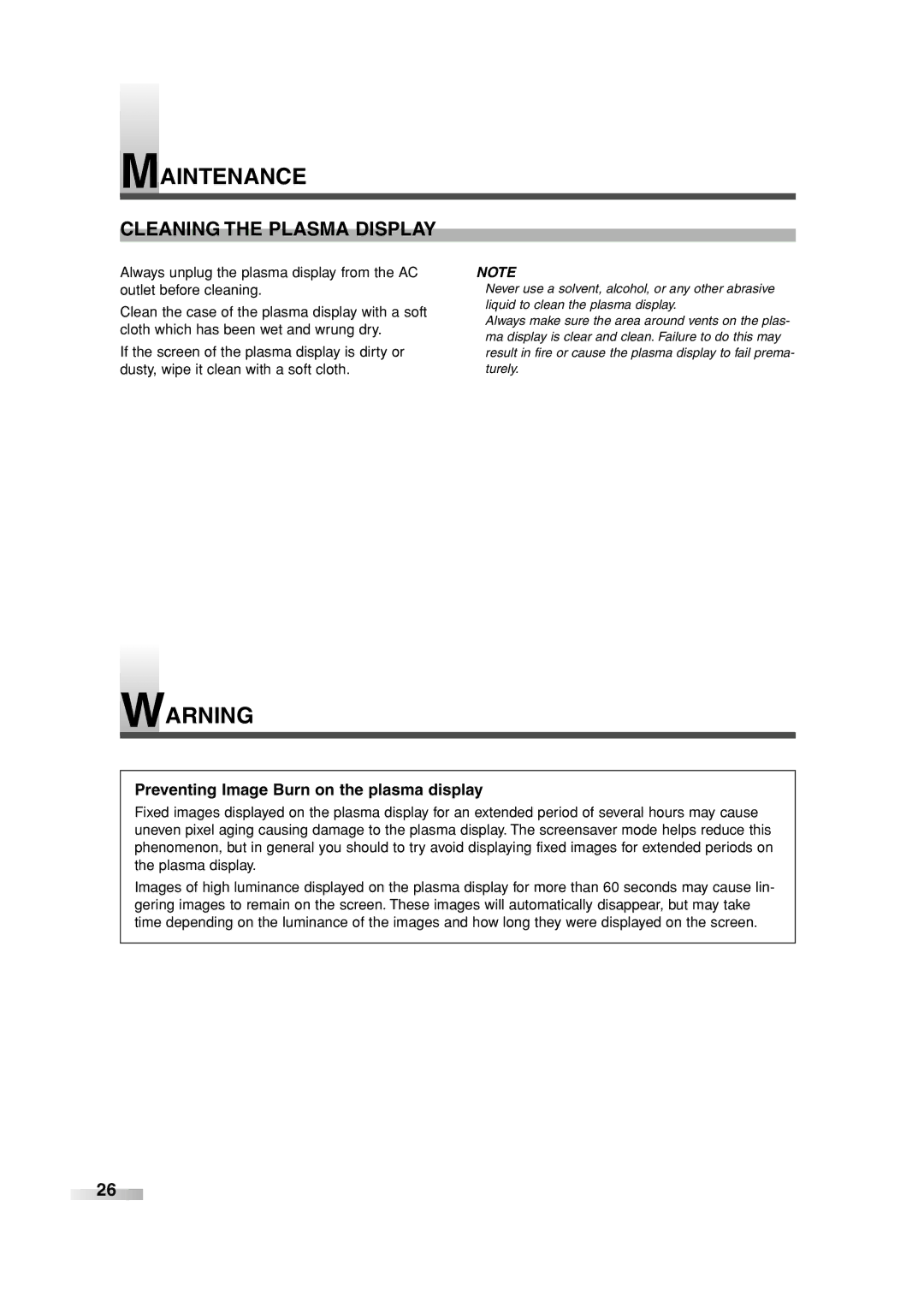 Sylvania SRPD442 owner manual Maintenance, Cleaning the Plasma Display, Preventing Image Burn on the plasma display 