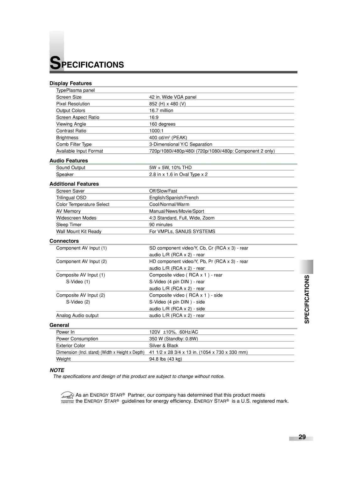 Sylvania SRPD442 owner manual Specifications 