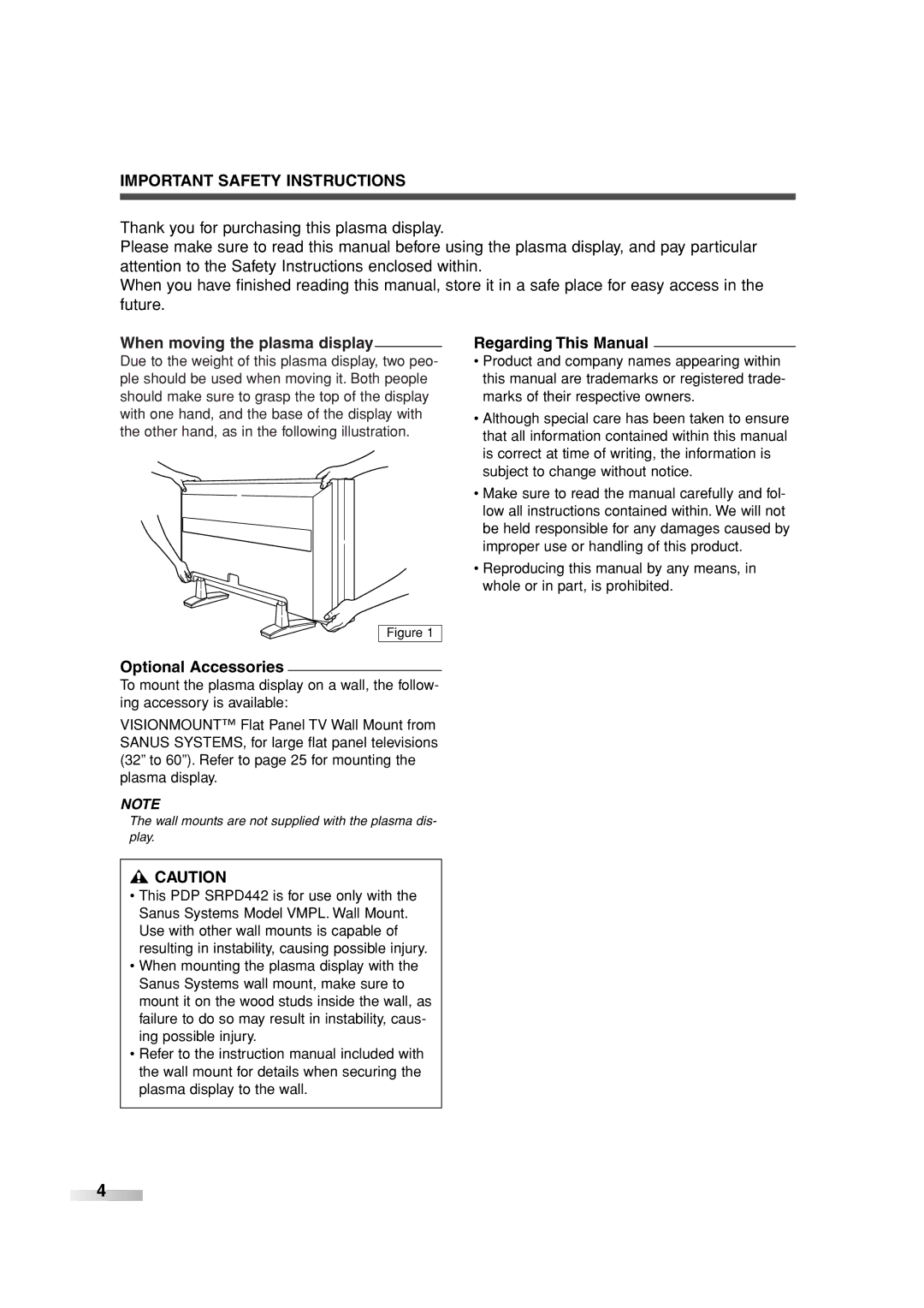 Sylvania SRPD442 owner manual When moving the plasma display, Regarding This Manual, Optional Accessories, # Caution 