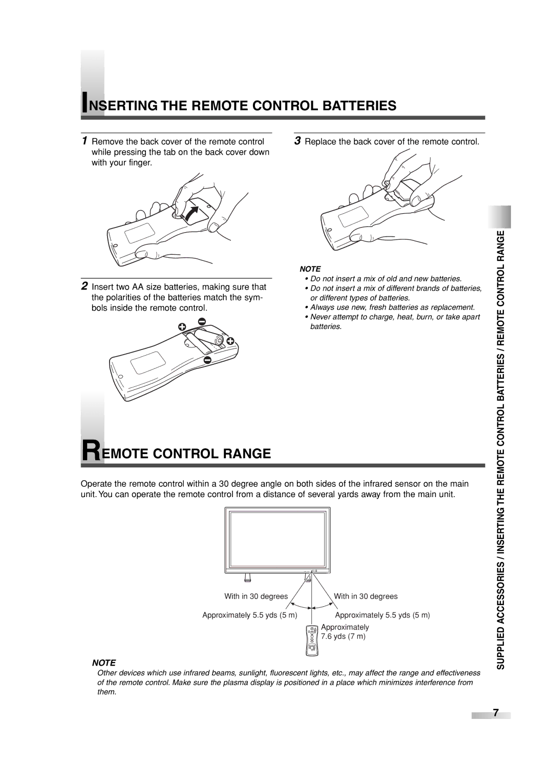 Sylvania SRPD442 Inserting the Remote Control Batteries, Control Batteries / Remote Control Range, Supplied 