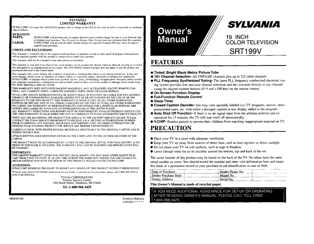 Sylvania SRT199V warranty Features, Precaution, Sylvania Limited Warranty, Tel, Tinted, Bright Black Matrix Picture Tube 