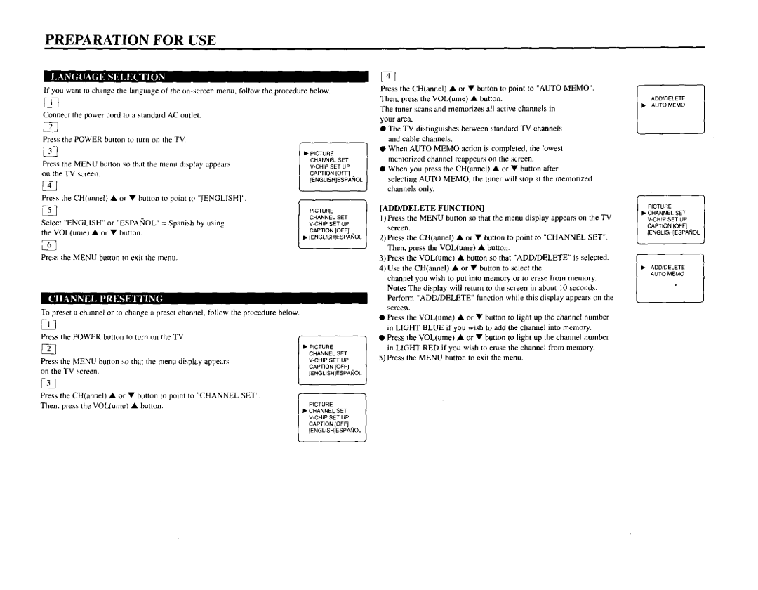 Sylvania SRT199V warranty Preparation for USE, 1111lkl DIl U t D,HI Ill II, Auto, ADD/DELETE Function, Set 