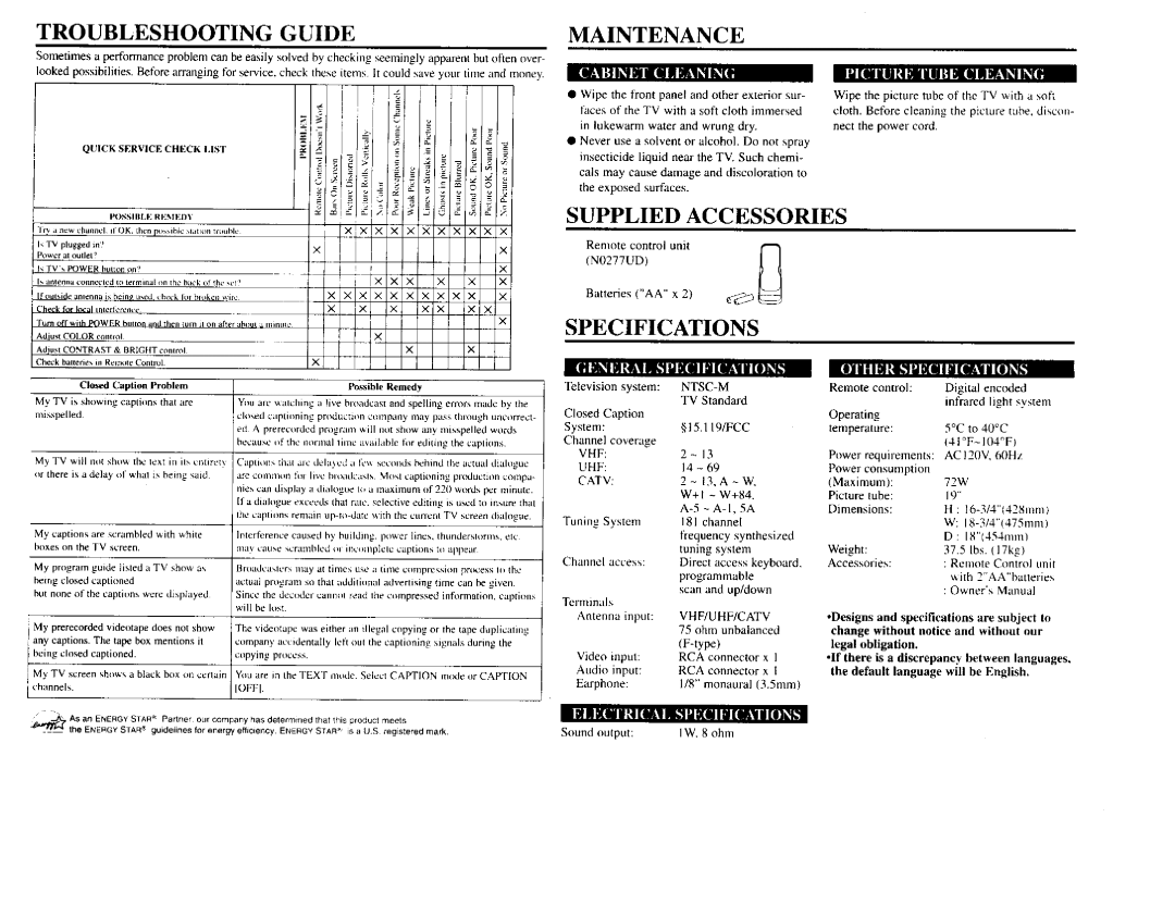 Sylvania SRT199V warranty Troubleshooting Guide, Maintenance, Supplied Accessories, Specifications 