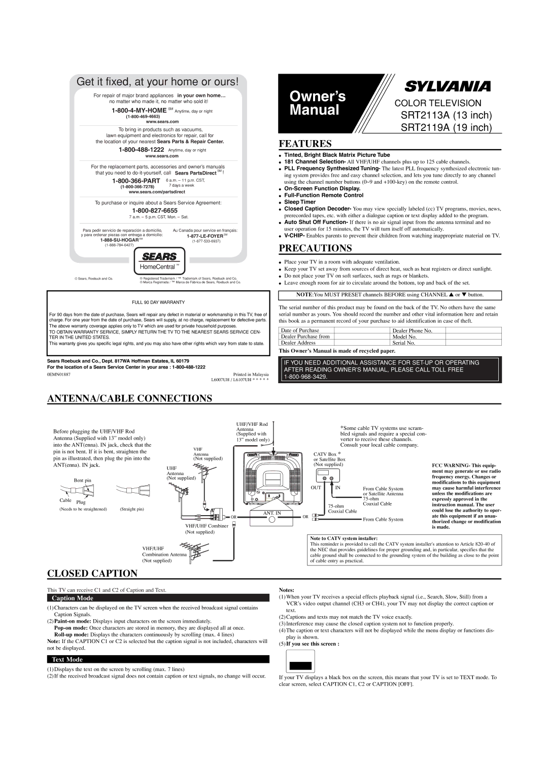 Sylvania SRT2113A owner manual Features, Precautions, ANTENNA/CABLE Connections, Closed Caption 