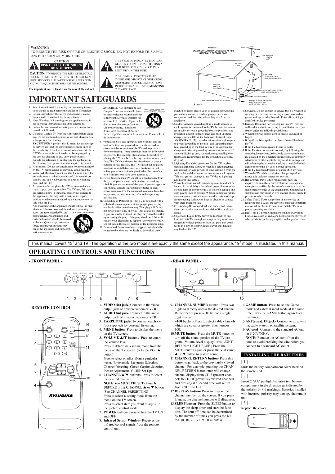 Sylvania SRT2113A Important Safeguards, Operating Controls and Functions, Front Panel Rear Panel, Remote Control 