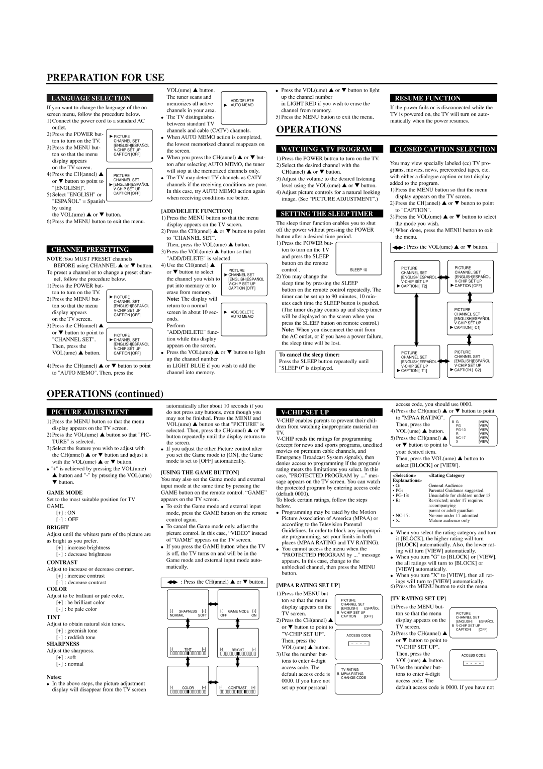 Sylvania SRT2113A owner manual Preparation for USE, Operations 