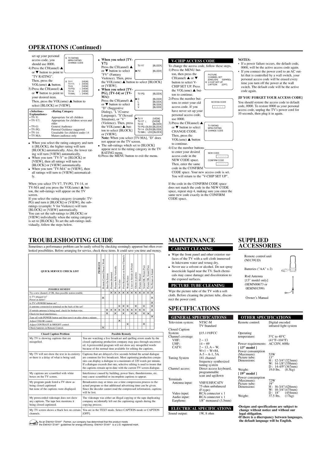 Sylvania SRT2113A owner manual Troubleshooting Guide, Maintenance, Supplied Accessories, Specifications 