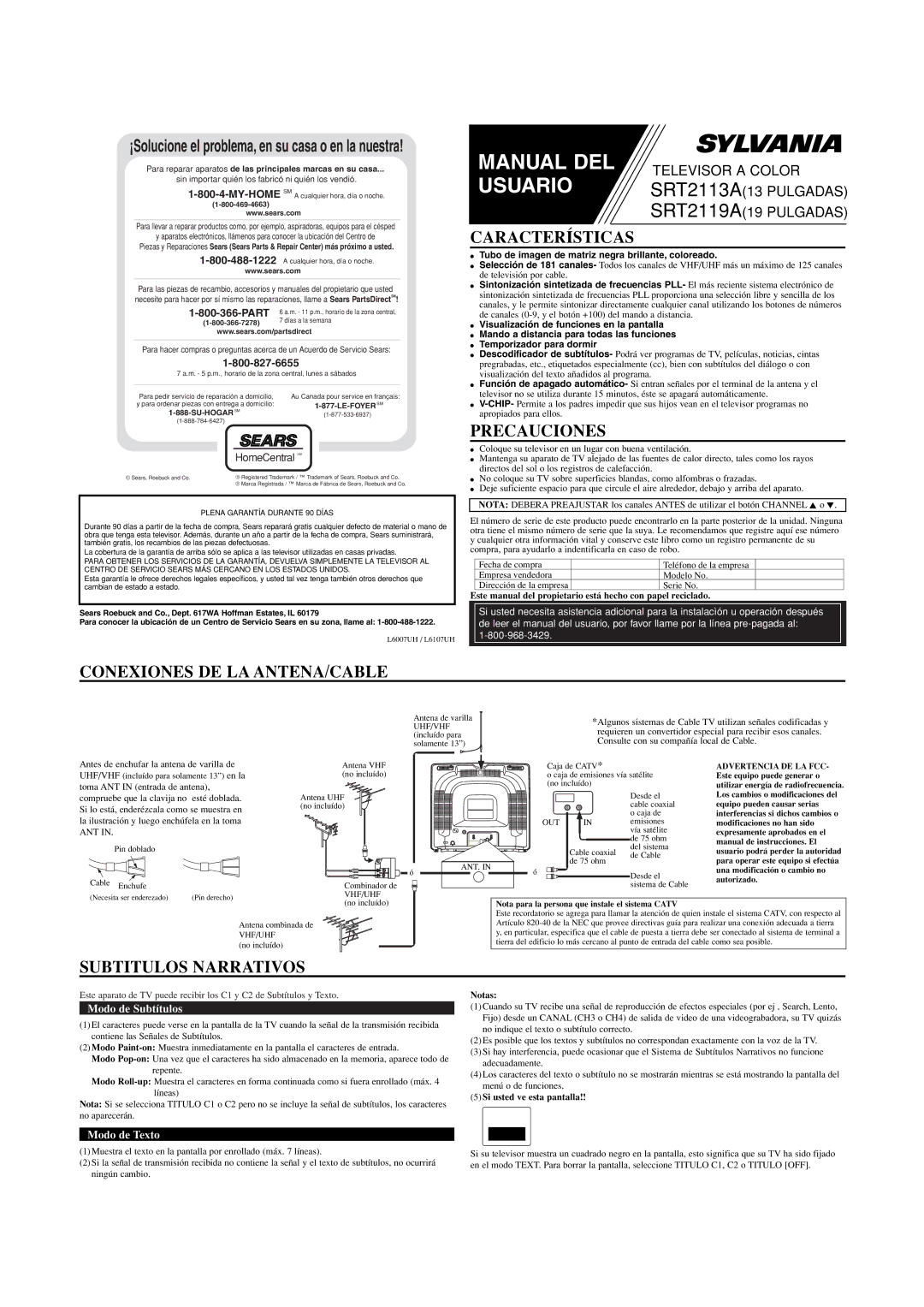 Sylvania SRT2113A owner manual Características, Precauciones, Conexiones DE LA ANTENA/CABLE, Subtitulos Narrativos 