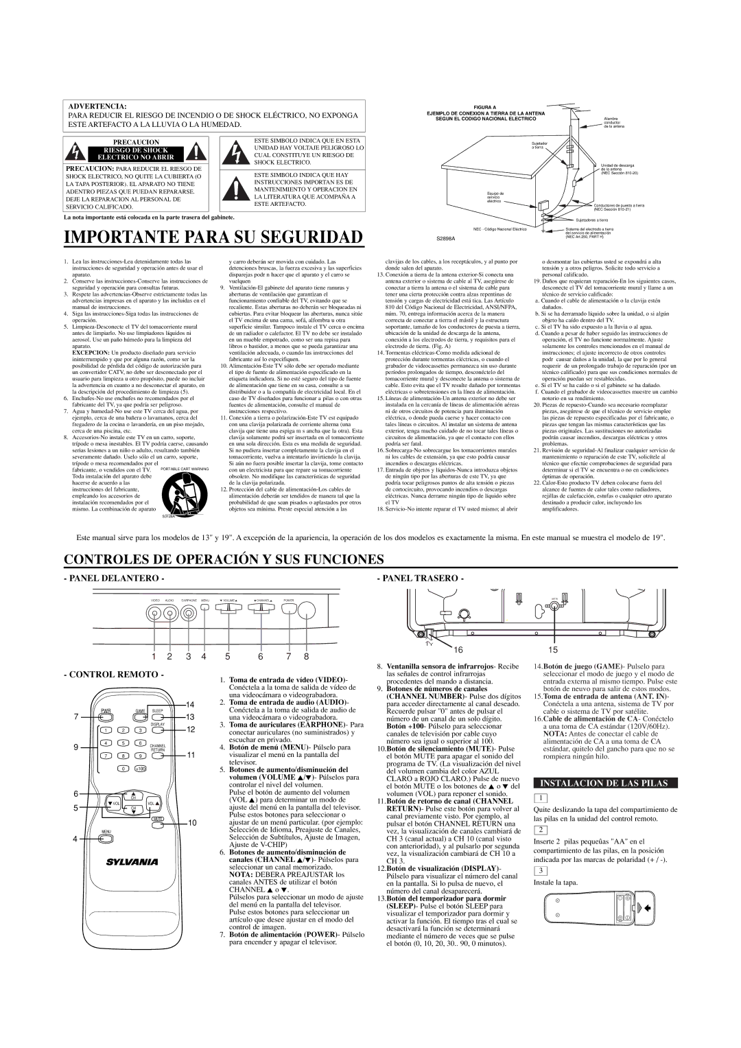 Sylvania SRT2113A Importante Para SU Seguridad, Panel Trasero, Control Remoto, Instalacion DE LAS Pilas, Advertencia 