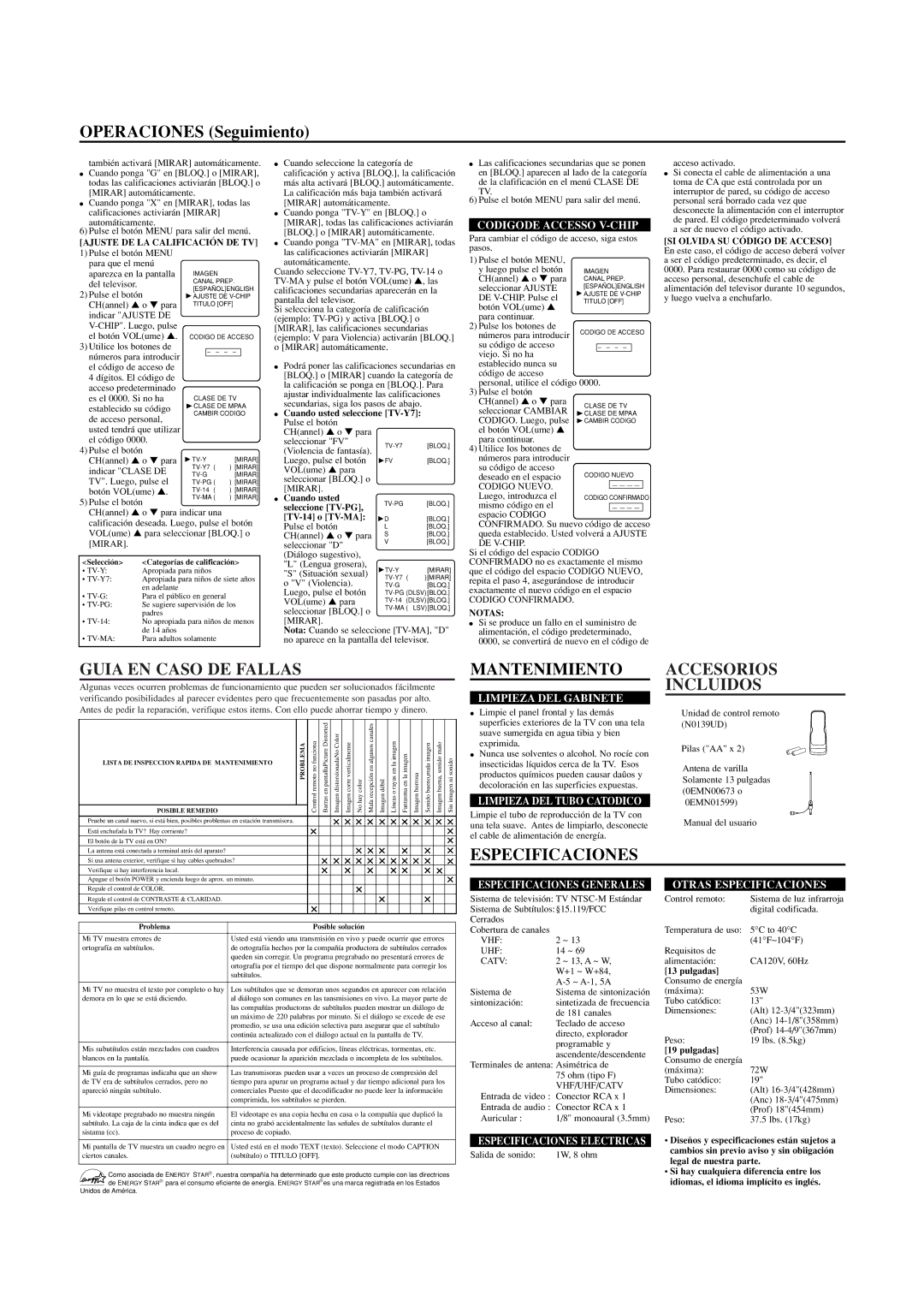 Sylvania SRT2113A owner manual Guia EN Caso DE Fallas, Mantenimiento, Accesorios Incluidos, Especificaciones 