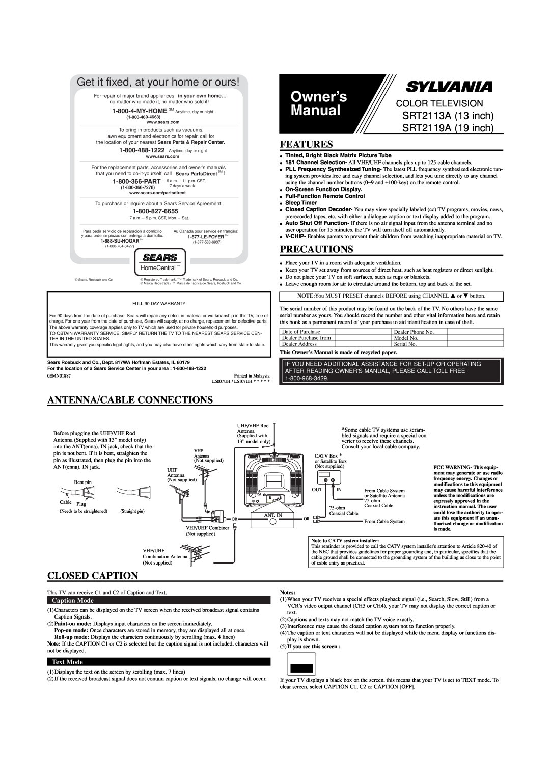 Sylvania SRT2113A owner manual Features, Precautions, Antenna/Cable Connections, Closed Caption, Caption Mode, Text Mode 