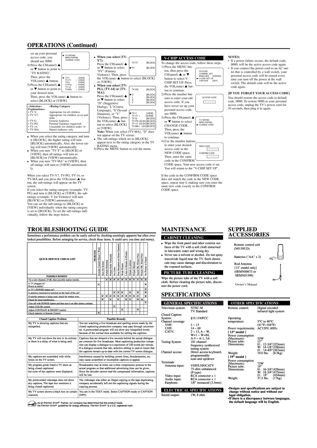 Sylvania SRT2113A OPERATIONS Continued, Troubleshooting Guide, Maintenance, Supplied Accessories, Specifications 