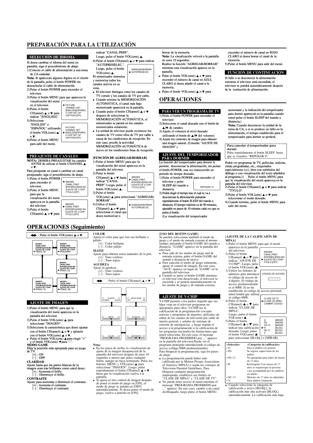Sylvania SRT2113A owner manual Preparación Para La Utilización, Operaciones, OPERACIONES Seguimiento, Selección De Idioma 