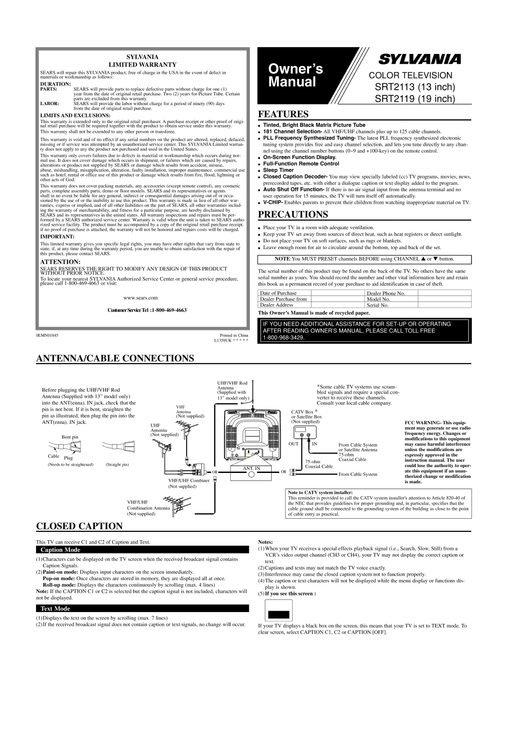 Sylvania SRT2119 owner manual Features, Precautions, ANTENNA/CABLE Connections, Closed Caption, Sylvania Limited Warranty 