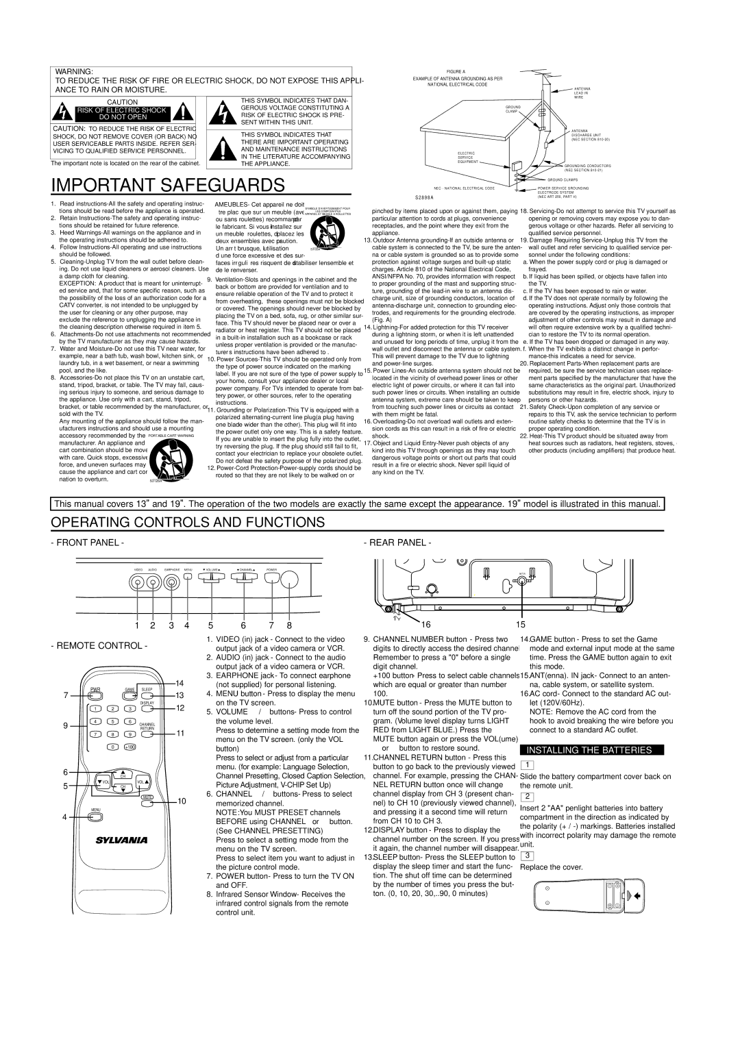 Sylvania SRT2119 Operating Controls and Functions, Front Panel Rear Panel, Remote Control, Installing the Batteries 