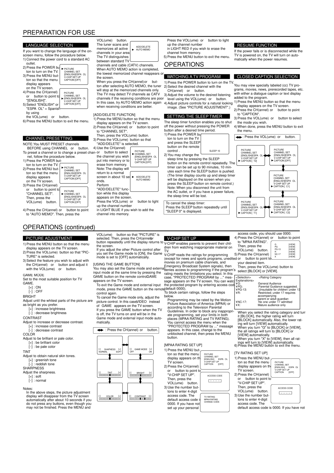 Sylvania SRT2119 owner manual Preparation for USE, Operations 