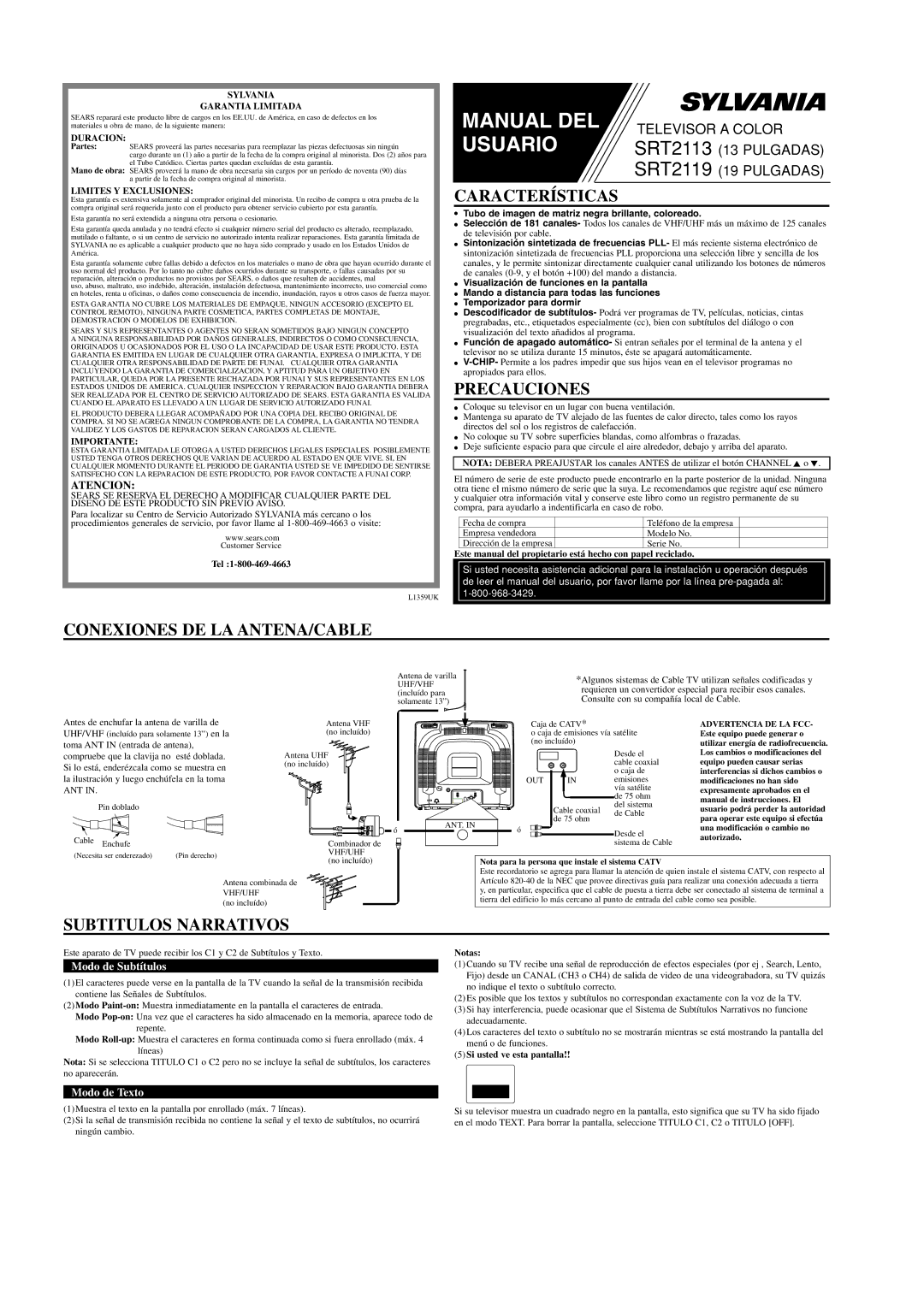 Sylvania SRT2119 owner manual Características, Precauciones, Conexiones DE LA ANTENA/CABLE, Subtitulos Narrativos, Atencion 