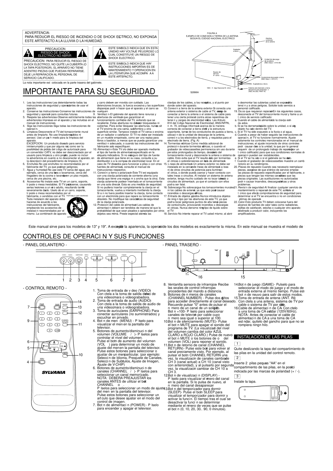 Sylvania SRT2119 owner manual Control Remoto, Instalacion DE LAS Pilas, Advertencia 