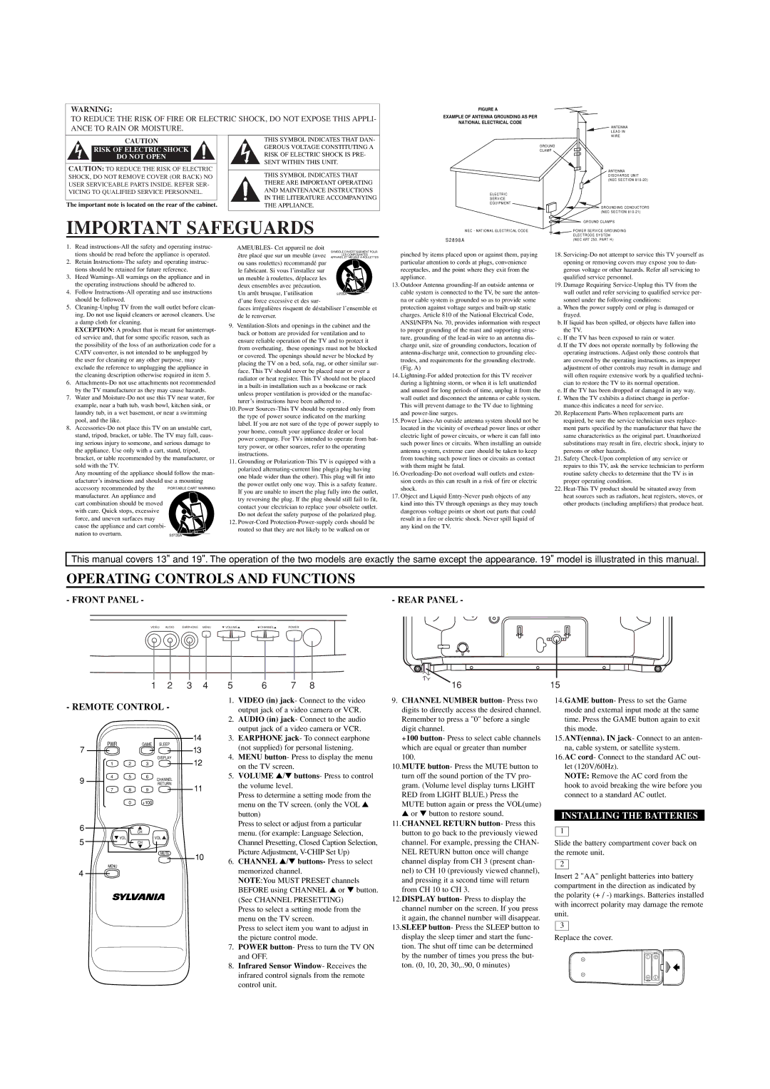 Sylvania SRT2213, SRT2219 owner manual Important Safeguards, Operating Controls and Functions, Front Panel Rear Panel, 1615 