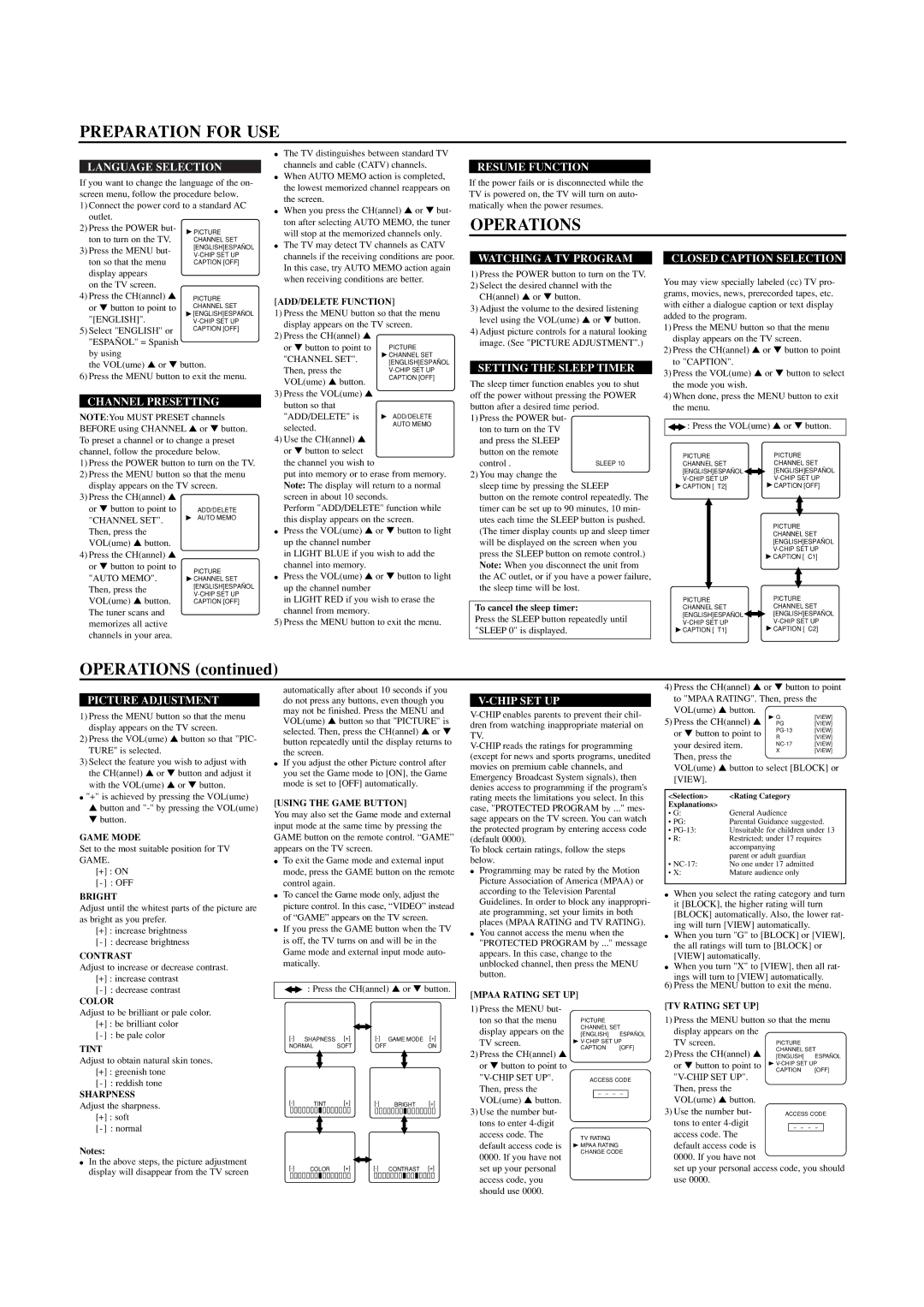 Sylvania SRT2213, SRT2219 owner manual Preparation for USE, Operations 