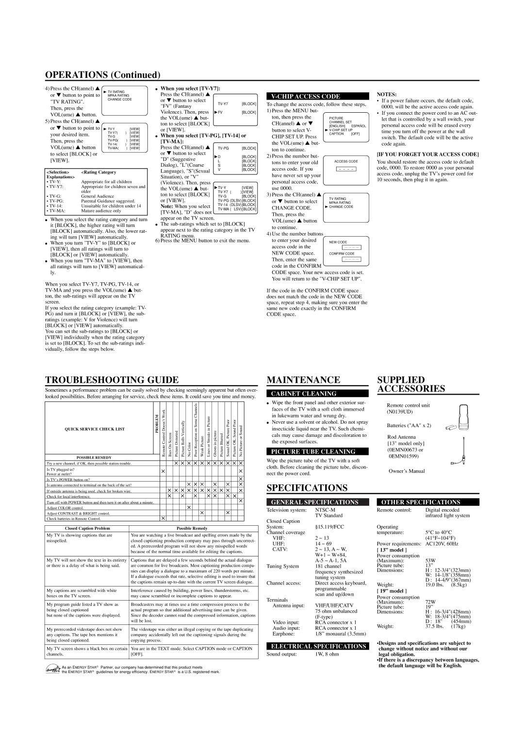 Sylvania SRT2213, SRT2219 owner manual Troubleshooting Guide, Maintenance, Supplied Accessories, Specifications 