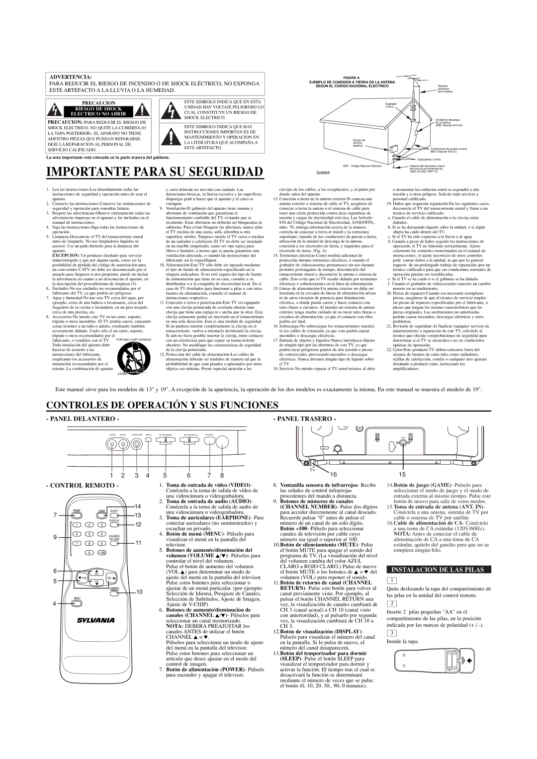 Sylvania SRT2213, SRT2219 Importante Para SU Seguridad, Panel Trasero, Control Remoto, Instalacion DE LAS Pilas 