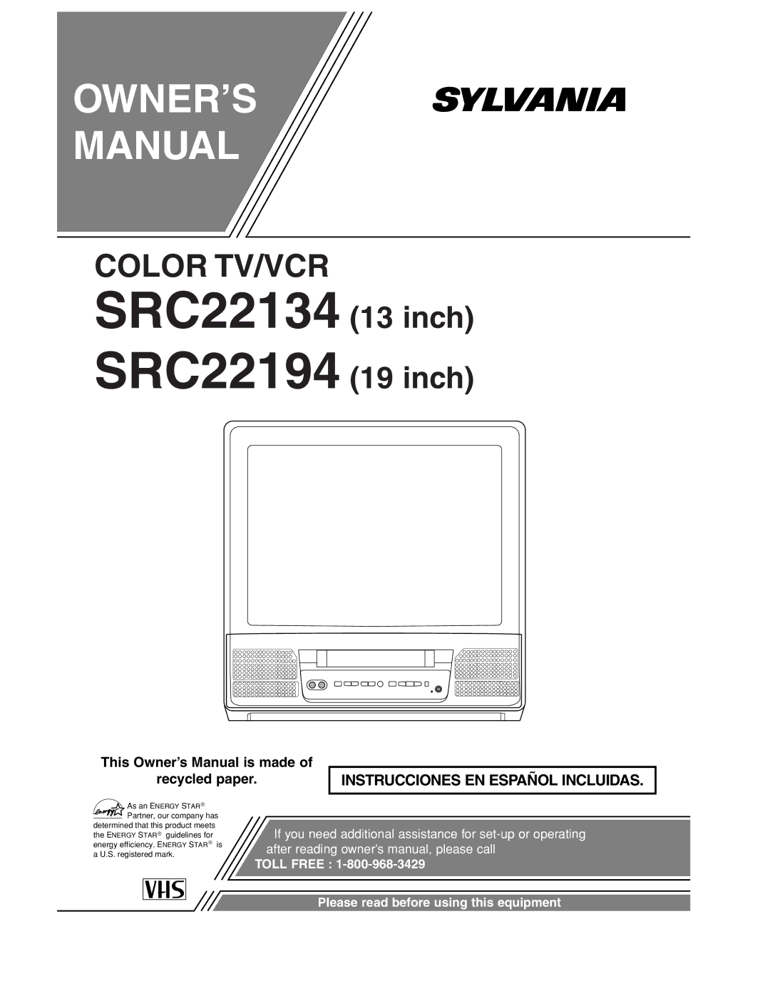 Sylvania SRT22134, SRT22194 owner manual SRC22134 13 inch SRC22194 19 inch 