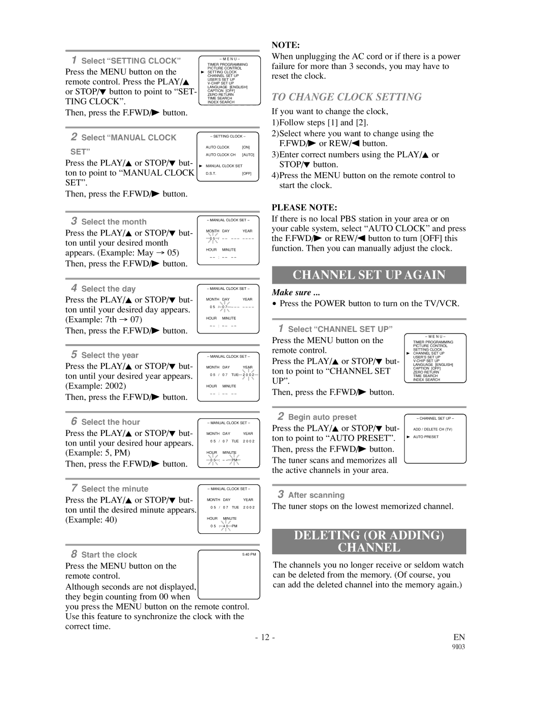 Sylvania SRT22194, SRT22134 Channel SET UP Again, Deleting or Adding Channel, To Change Clock Setting, Please Note 