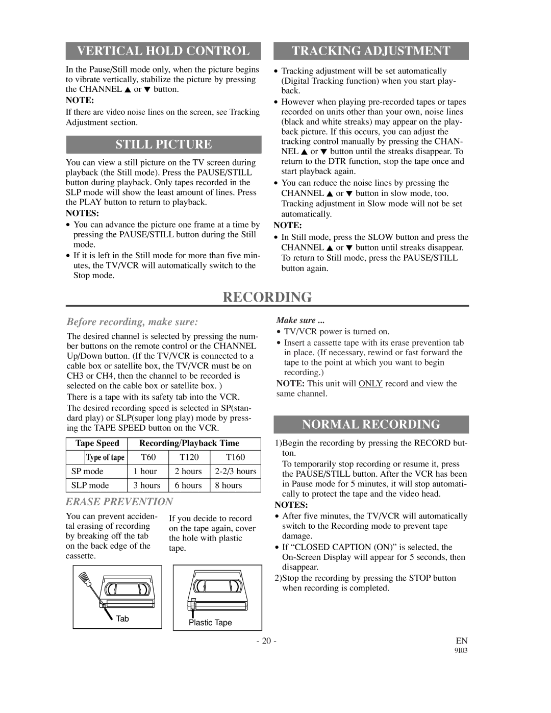 Sylvania SRT22194, SRT22134 owner manual Vertical Hold Control, Still Picture, Tracking Adjustment, Normal Recording 