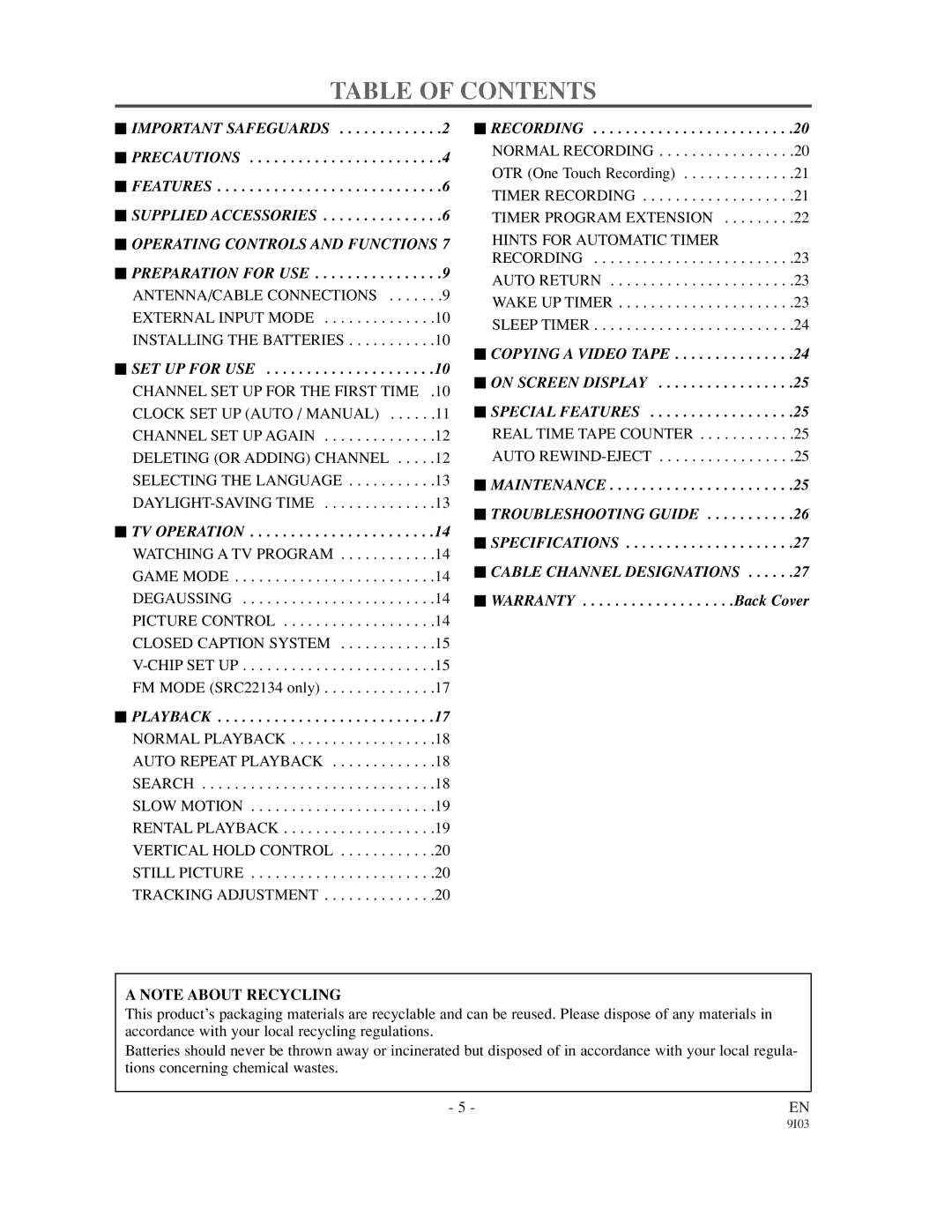 Sylvania SRT22134, SRT22194 owner manual Table of Contents 