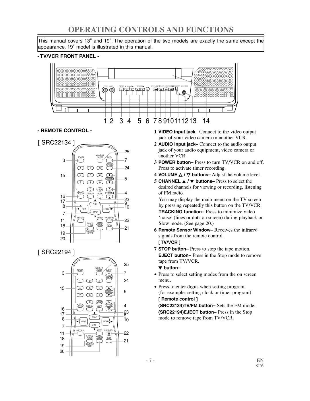 Sylvania SRT22134, SRT22194 owner manual Operating Controls and Functions, 9101112 