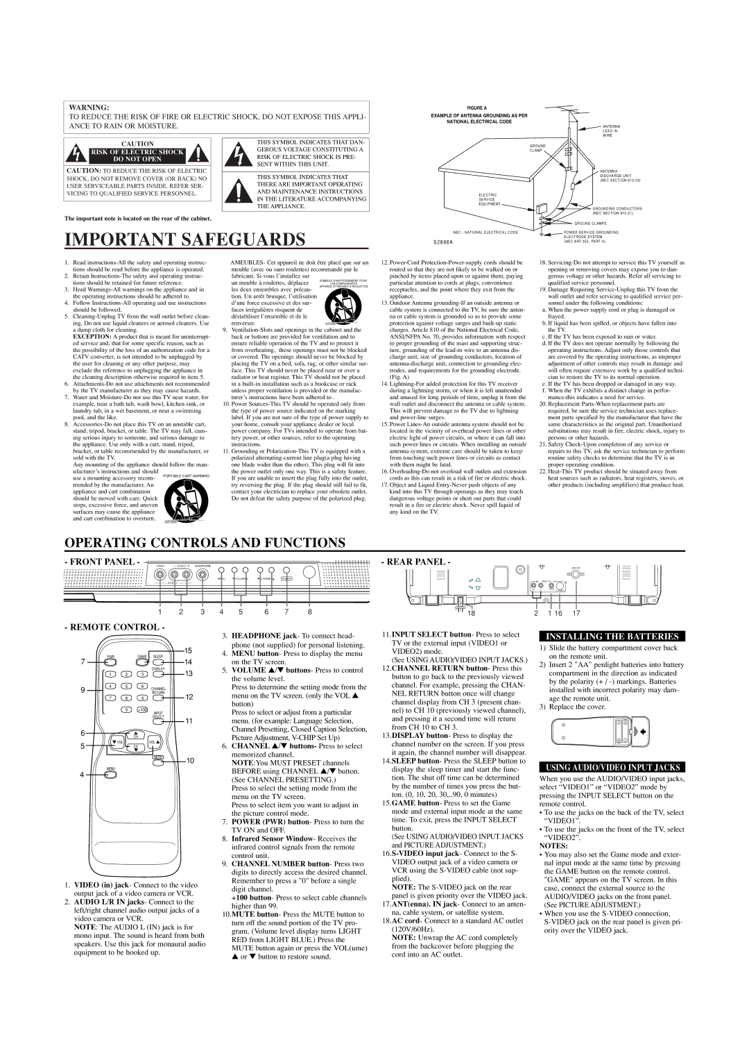 Sylvania SRT2220F owner manual Important Safeguards, Rear Panel, Remote Control, Installing the Batteries 