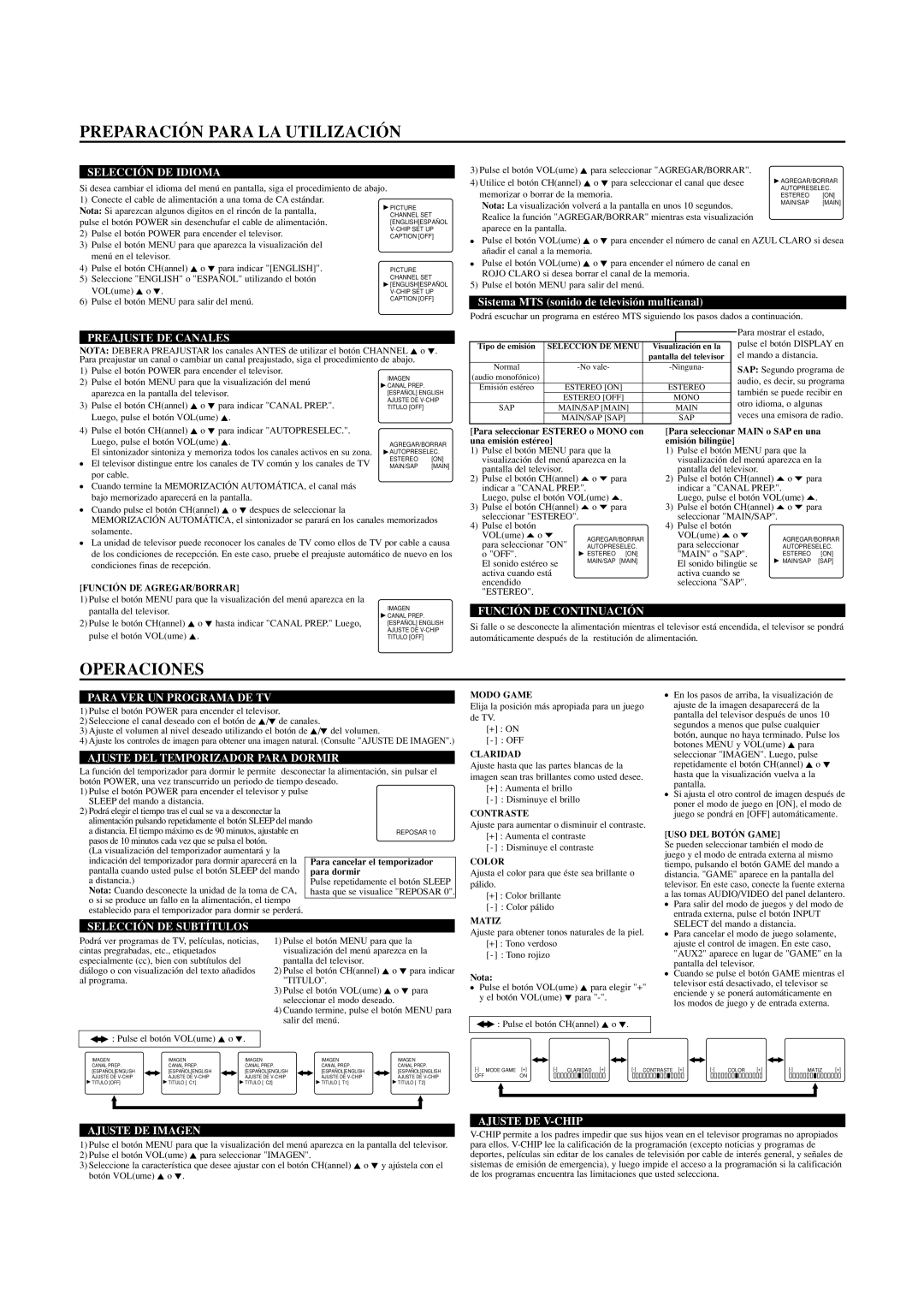 Sylvania SRT2220F owner manual Preparación Para LA Utilización, Operaciones 