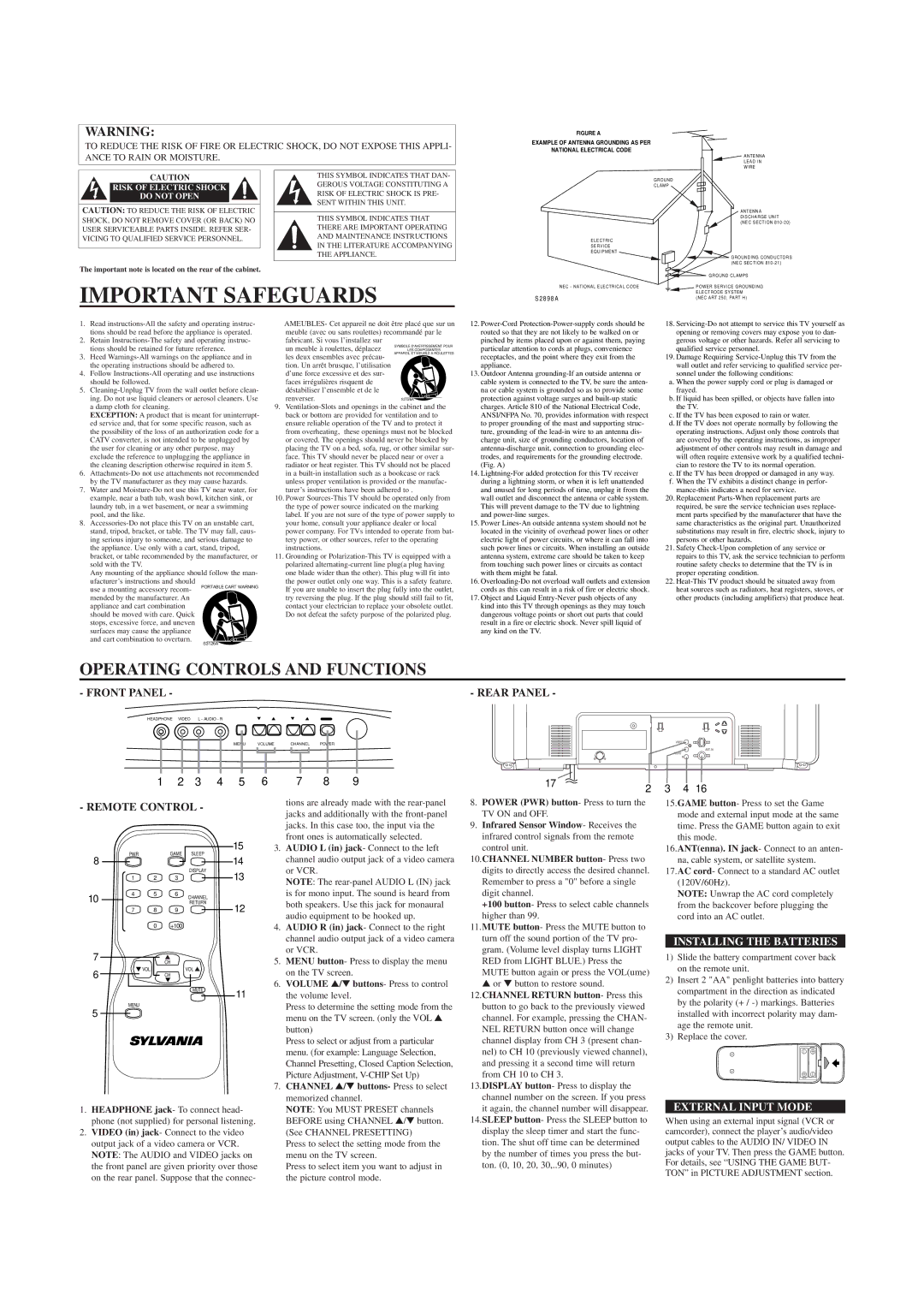 Sylvania SRT2223X Important Safeguards, Operating Controls and Functions, Installing the Batteries, External Input Mode 