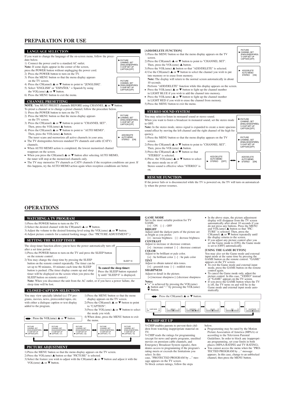 Sylvania SRT2223X owner manual Preparation for USE, Operations 