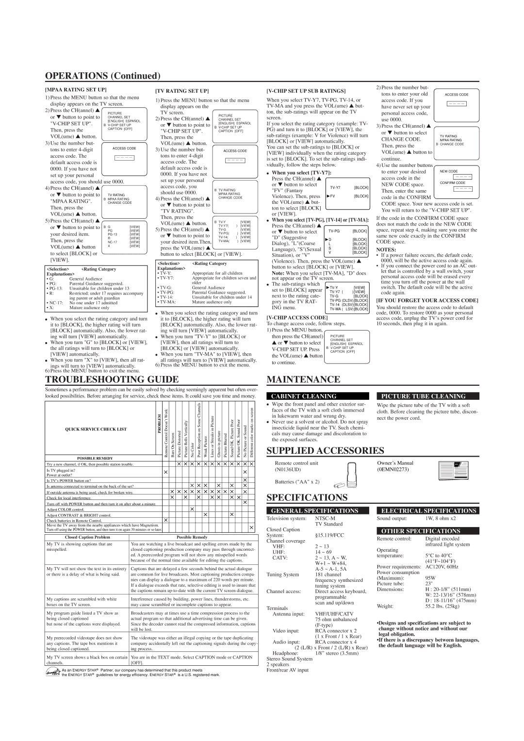 Sylvania SRT2223X owner manual Troubleshooting Guide, Maintenance, Supplied Accessories, Specifications 